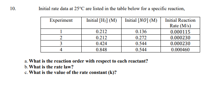10.
Initial rate data at 25°C are listed in the table below for a specific reaction,
Experiment
Initial [H2] (M)
Initial [NO] (M)
Initial Reaction
Rate (M/s)
0.000115
1
0.212
0.136
2
0.212
0.272
0.000230
3
0.424
0.544
0.000230
4
0.848
0.544
0.000460
a. What is the reaction order with respect to each reactant?
b. What is the rate law?
c. What is the value of the rate constant (k)?
