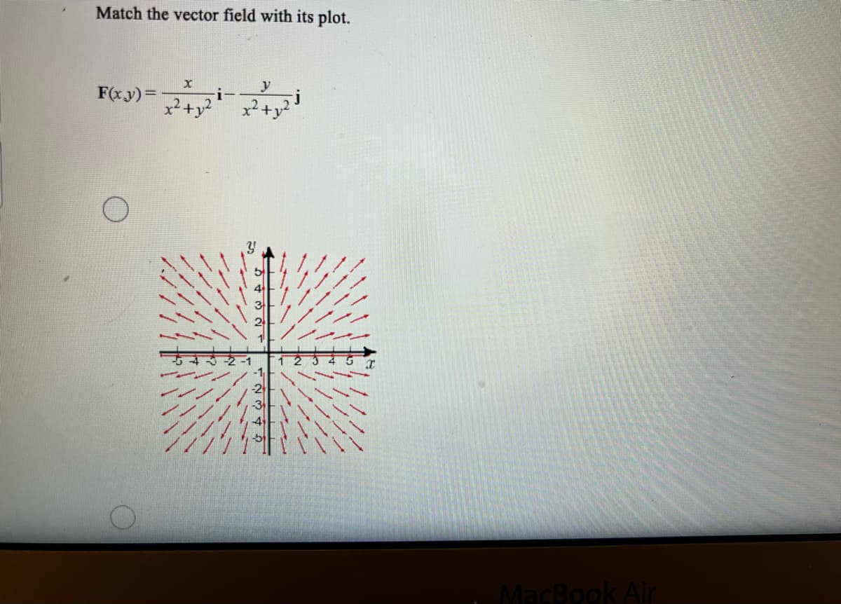 Match the vector field with its plot.
F(xy) =
X
x² + y²
-i-
V
लत
MacBook Air