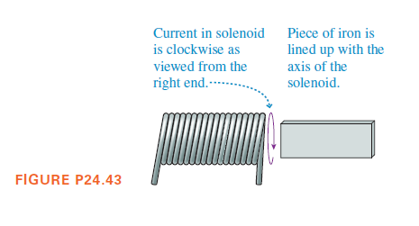 Current in solenoid
Piece of iron is
is clockwise as
lined up with the
viewed from the
axis of the
right end..
solenoid.
FIGURE P24.43
