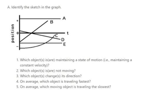 A. Identify the sketch in the graph.
position
B
A
E
1. Which object(s) is(are) maintaining a state of motion (i.e., maintaining a
constant velocity)?
2. Which object(s) is(are) not moving?
3. Which object(s) change(s) its direction?
4.
On average, which object is traveling fastest?
5. On average, which moving object is traveling the slowest?