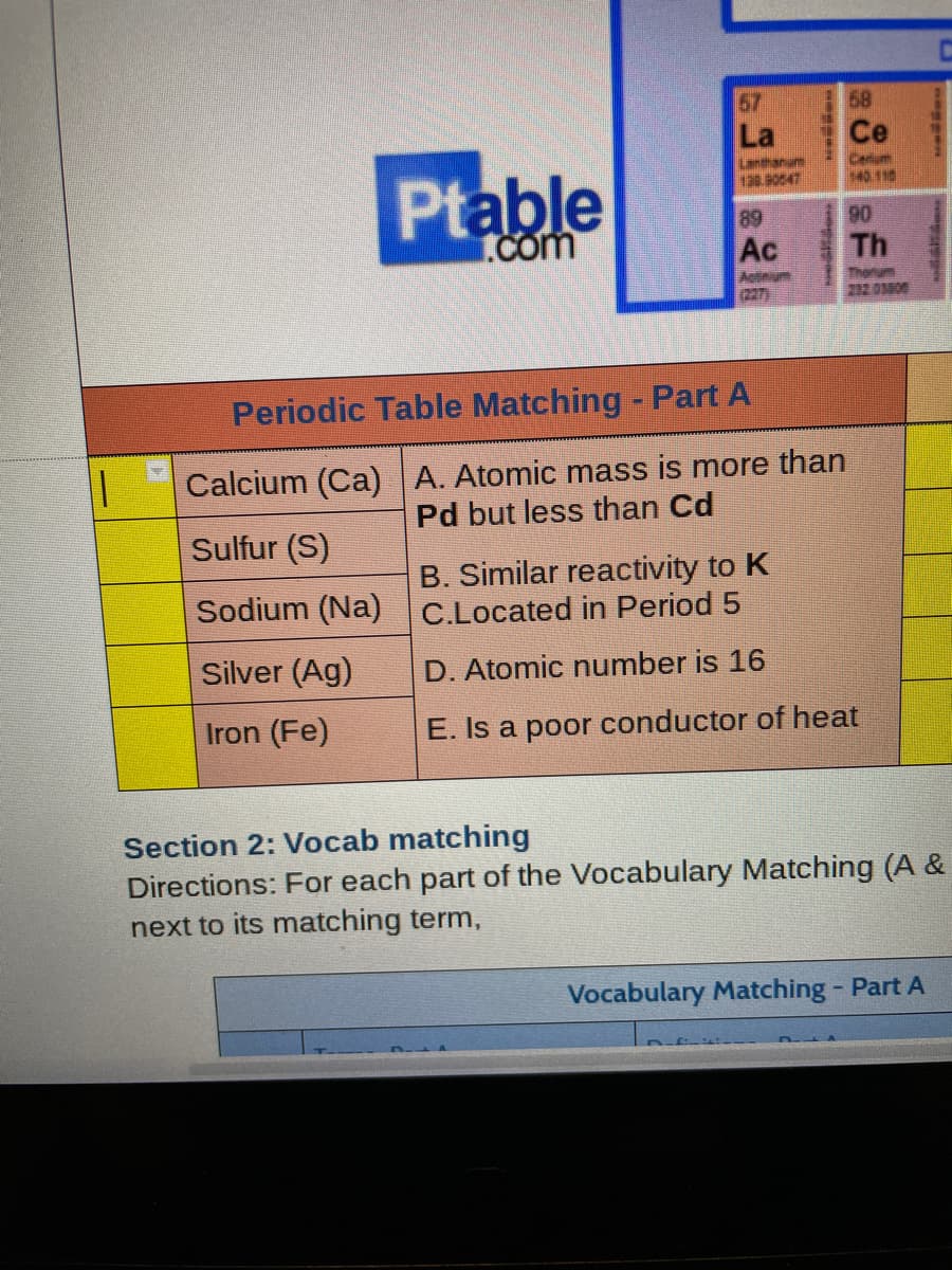 58
Ce
57
La
Lanthanum
128 90547
Cenum
140.118
Ptable
.com
89
Ac
90
Th
Aotinum
(227)
Tharum
212 03800
Periodic Table Matching - Part A
Calcium (Ca) A. Atomic mass is more than
Pd but less than Cd
Sulfur (S)
B. Similar reactivity to K
Sodium (Na) C.Located in Period 5
Silver (Ag)
D. Atomic number is 16
Iron (Fe)
E. Is a poor conductor of heat
Section 2: Vocab matching
Directions: For each part of the Vocabulary Matching (A &
next to its matching term,
Vocabulary Matching - Part A
