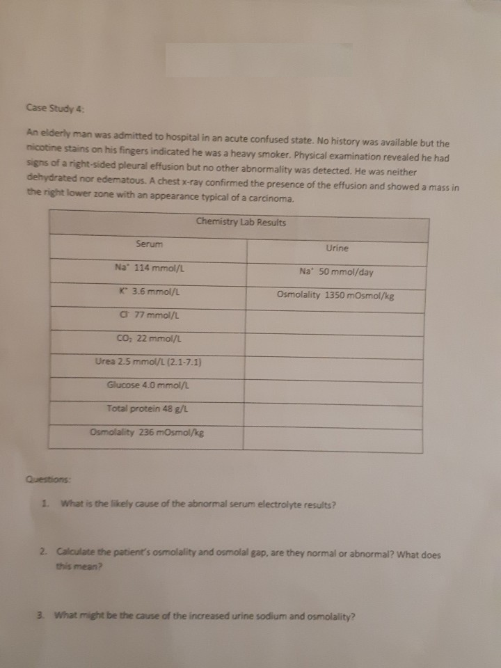 Case Study 4:
An elderly man was admitted to hospital in an acute confused state. No history was available but the
nicotine stains on his fingers indicated he was a heavy smoker. Physical examination revealed he had
signs of a right-sided pleural effusion but no other abnormality was detected. He was neither
dehydrated nor edematous. A chest x-ray confirmed the presence of the effusion and showed a mass in
the right lower zone with an appearance typical of a carcinoma.
Chemistry Lab Results
Serum
Urine
Na" 114 mmol/L
Na 50 mmol/day
K" 3.6 mmol/L
Osmolality 1350 mOsmol/kg
O 77 mmol/L
Co, 22 mmol/L
Urea 2.5 mmol/L (2.1-7.1)
Glucose 4.0 mmol/L
Total protein 48 g/L
Osmolality 236 mOsmol/kg
Questions:
1. What is the likely cause of the abnormal serum electrolyte results?
2. Calculate the patient's osmolality and osmolal gap, are they normal or abnormal? What does
this mean?
3. What might be the cause of the increased urine sodium and osmolality?
