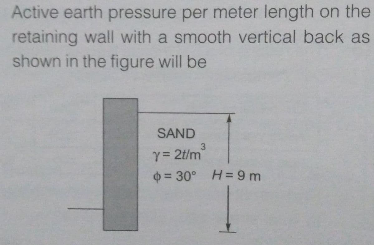 Active earth pressure per meter length on the
retaining wall with a smooth vertical back as
shown in the figure will be
SAND
3
Y 2t/m
O= 30° H= 9 m
