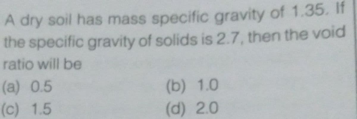 A dry soil has mass specific gravity of 1.35. If
the specific gravity of solids is 2.7, then the void
ratio will be
(a) 0.5
(c) 1.5
(b) 1.0
(d) 2.0
