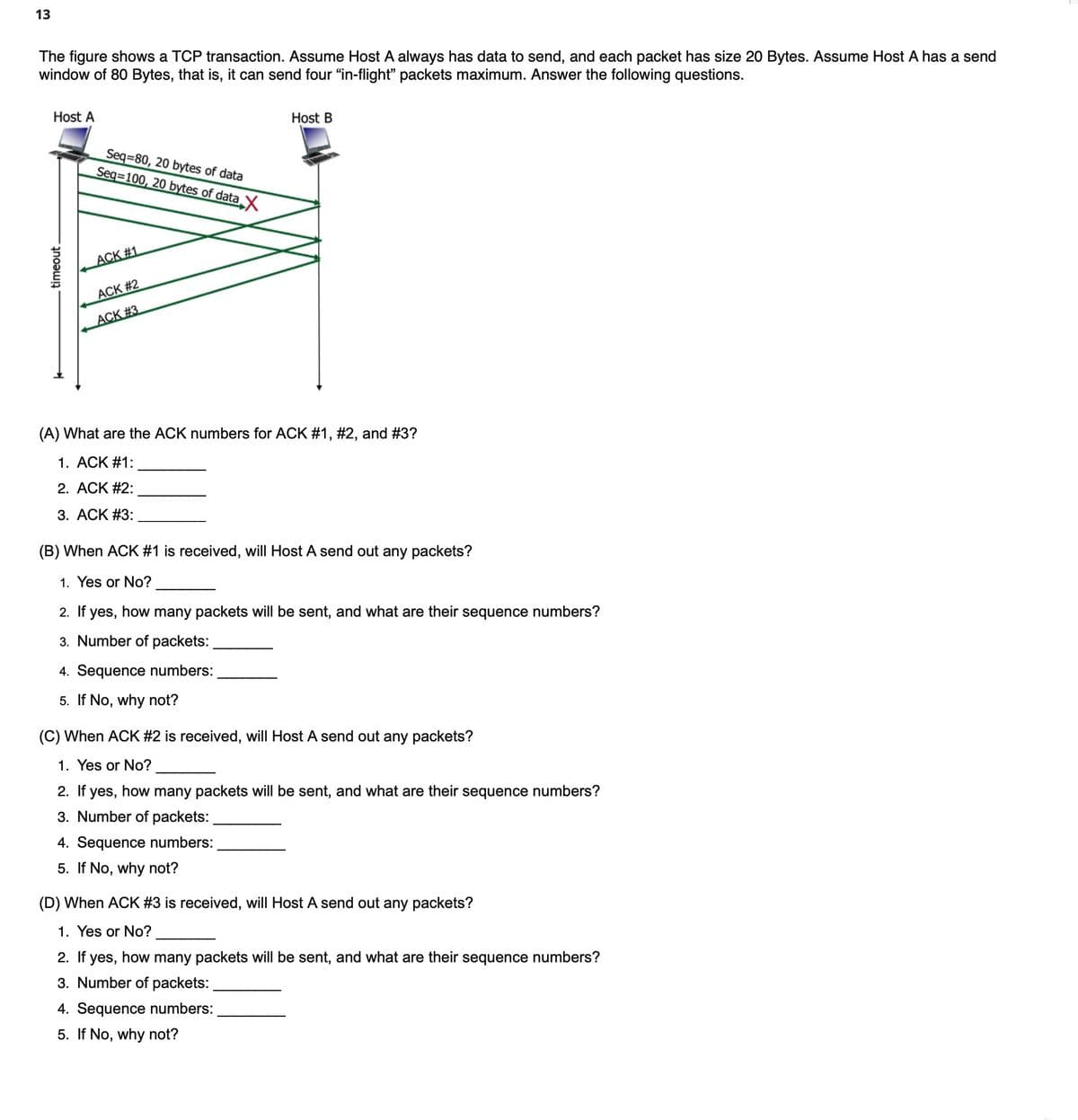 13
The figure shows a TCP transaction. Assume Host A always has data to send, and each packet has size 20 Bytes. Assume Host A has a send
window of 80 Bytes, that is, it can send four "in-flight" packets maximum. Answer the following questions.
Host A
Host B
Seq-80, 20 bytes of data
Seq=100, 20 bytes of data X
ACK #1
ACK #2
ACK #3
(A) What are the ACK numbers for ACK #1, #2, and #3?
1. ACK #1:
2. ACK #2:
3. ACK #3:
(B) When ACK #1 is received, will Host A send out any packets?
1. Yes or No?
2. If yes, how many packets will be sent, and what are their sequence numbers?
3. Number of packets:
4. Sequence numbers:
5. If No, why not?
(C) When ACK #2 is received, will Host A send out any packets?
1. Yes or No?
2. If yes, how many packets will be sent, and what are their sequence numbers?
3. Number of packets:
4. Sequence numbers:
5. If No, why not?
(D) When ACK #3 is received, will Host A send out any packets?
1. Yes or No?
2. If yes, how many packets will be sent, and what are their sequence numbers?
3. Number of packets:
4. Sequence numbers:
5. If No, why not?
timeout