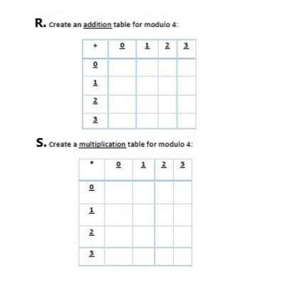 R. create an addition table for modulo 4:
+01 23
ol
IN IN
2
ml
3
S. create a multiplication table for modulo 4:
0 1 2 3
ol
1
IN
ml