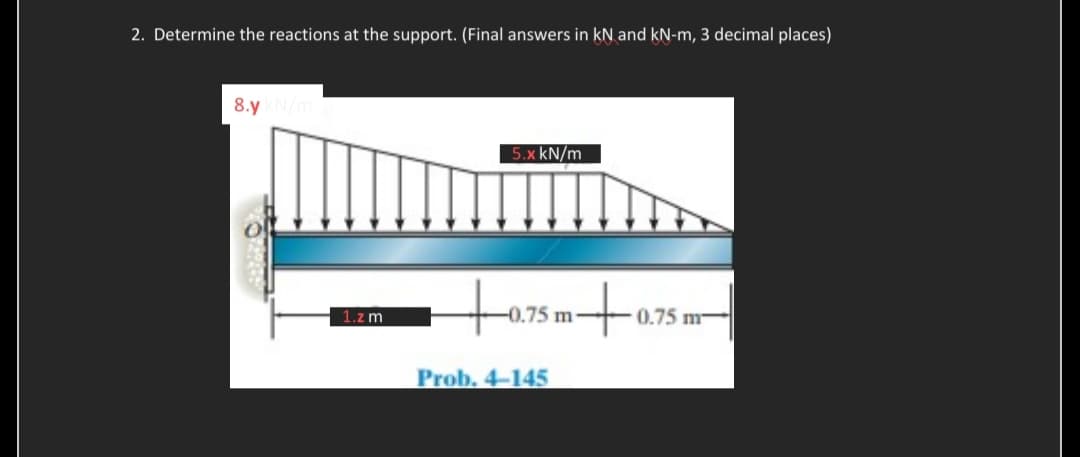 2. Determine the reactions at the support. (Final answers in kN and kN-m, 3 decimal places)
8.y
1.zm
5.x kN/m
-0.75 m-
+0.
Prob. 4-145
0.75 m-
