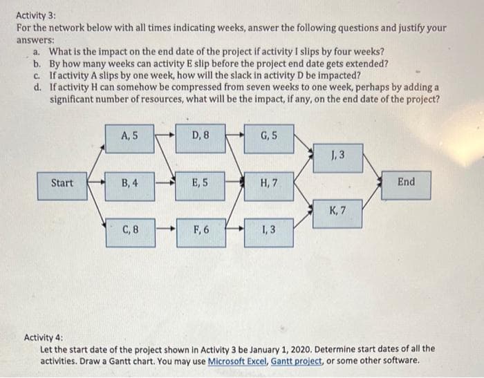 Activity 3:
For the network below with all times indicating weeks, answer the following questions and justify your
answers:
a. What is the impact on the end date of the project if activity I slips by four weeks?
b. By how many weeks can activity E slip before the project end date gets extended?
c. If activity A slips by one week, how will the slack in activity D be impacted?
d.
If activity H can somehow be compressed from seven weeks to one week, perhaps by adding a
significant number of resources, what will be the impact, if any, on the end date of the project?
Start
A, 5
B, 4
C, 8
D, 8
E, 5
F, 6
G, 5
H, 7
1,3
1,3
K, 7
End
Activity 4:
Let the start date of the project shown in Activity 3 be January 1, 2020. Determine start dates of all the
activities. Draw a Gantt chart. You may use Microsoft Excel, Gantt project, or some other software.