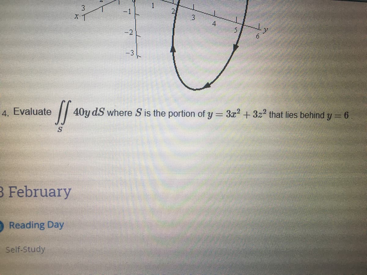 3
2
4
-2
-3
4. Evaluate
40y dS where S is the portion of y = 3x +3z that lies behind y = 6
3 February
O Reading Day
Self-Study
3.
-1
