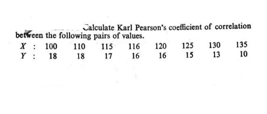 Jalculate Karl Pearson's coefficient of correlation
betkeen the following pairs of values.
X : 100
Y :
110
115
116
120
125
130
135
18
18
17
16
16
15
13
10
