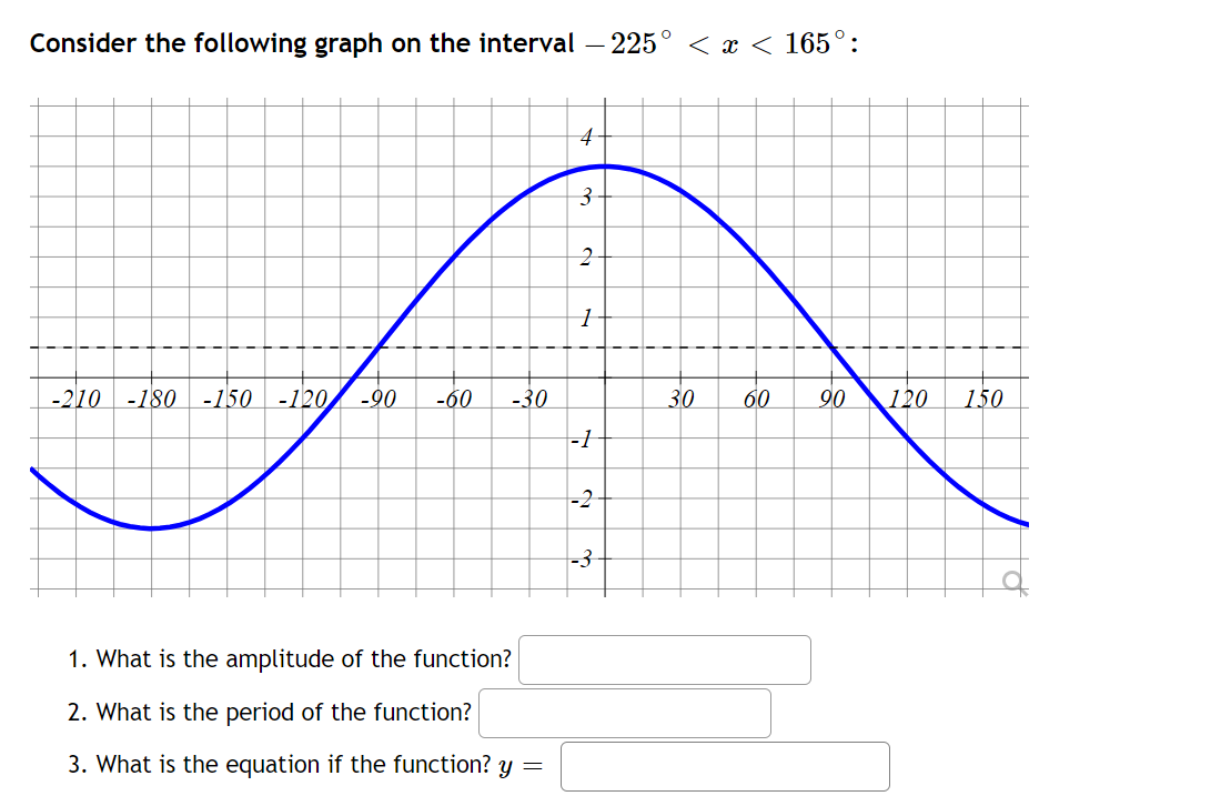Consider the following graph on the interval – 225° < x < 165°:
-210
-180
-150 -120,
-90
-60
-30
30
60
90
120
150
-1
-2
-3
1. What is the amplitude of the function?
2. What is the period of the function?
3. What is the equation if the function? y =
