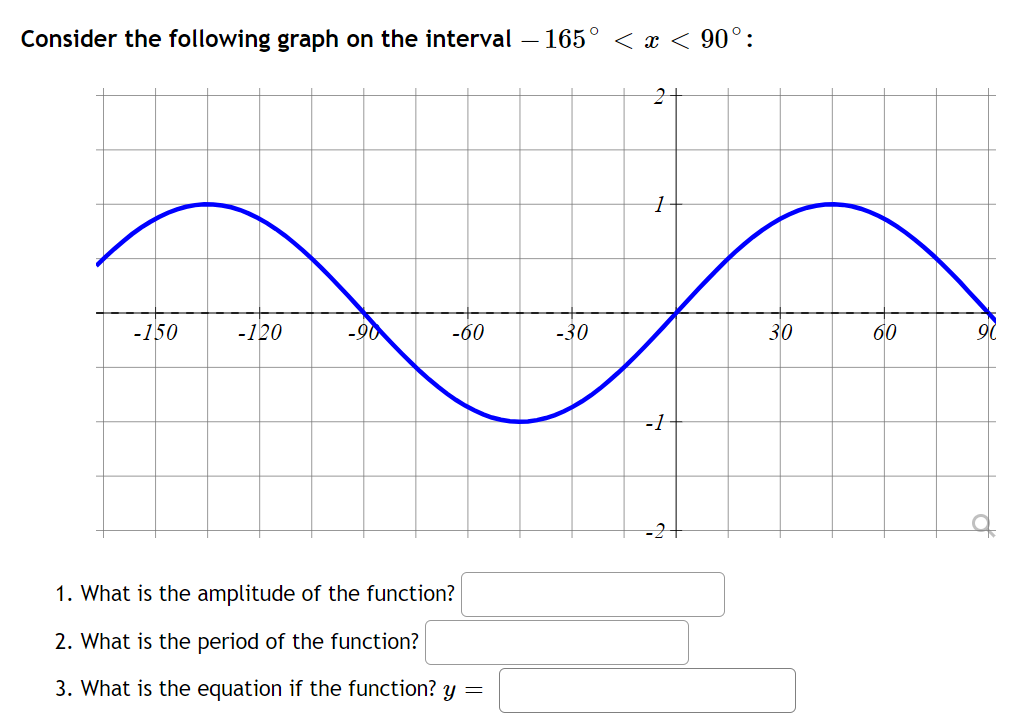 Consider the following graph on the interval – 165° < < 90°:
-150
-120
-90
-60
-30
30
60
-1
-2
1. What is the amplitude of the function?
2. What is the period of the function?
3. What is the equation if the function? y =
