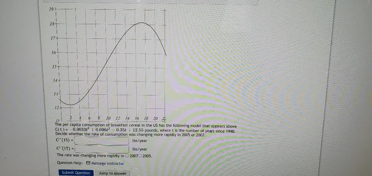 19+
18-
17+
16
15T
14-
131
12+
10 12 14 l6 18 20
11
The per capita consumption of breakfast cereal in the US has the following model that appears above
C(t) = 0.0033t 1 0.096t?
Decide whether the rate of consumption was changing more rapidly in 2005 or 2007.
0.35t + 12.55 pounds, where t is the number of years since 1990.
C'(15) =
Ibs/year
C'(17) =
lbs/year
The rate was changing more rapidly in O 2007O 2005.
Question Help: O Message instructor
Submit Question
Jump to Answer
