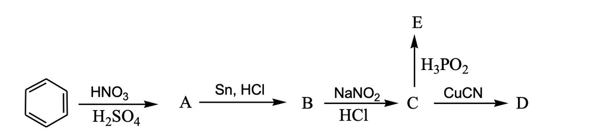 E
H3PO2
HNO3
Sn, HCI
А-
NANO2
CUCN
C
H,SO4
HCl
