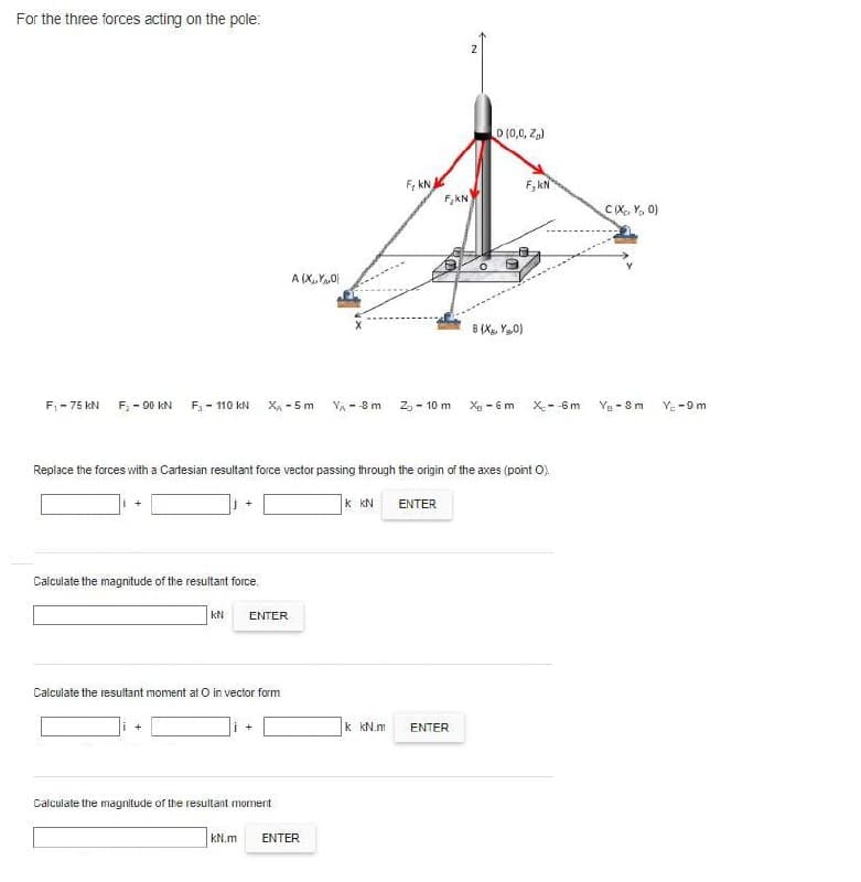 For the three forces acting on the pole:
Calculate the magnitude of the resultant force.
F₁ - 75 KN F₂ - 90 KN F₁ - 110 KN XA - 5 m VA 8 m Z-10 m
KN ENTER
Calculate the resultant moment at O in vector form
A (X, YO
+
Calculate the magnitude of the resultant moment
F₂ kN
Replace the forces with a Cartesian resultant force vector passing through the origin of the axes (point O).
KN.m ENTER
K KN
F₂KN
ENTER
D(0,0, Z₂)
k kN.m ENTER
F,kN
B (X, Y₂0)
X-6 m X--6m
C(X, Y, 0)
Ye-8 m
Ye -9 m