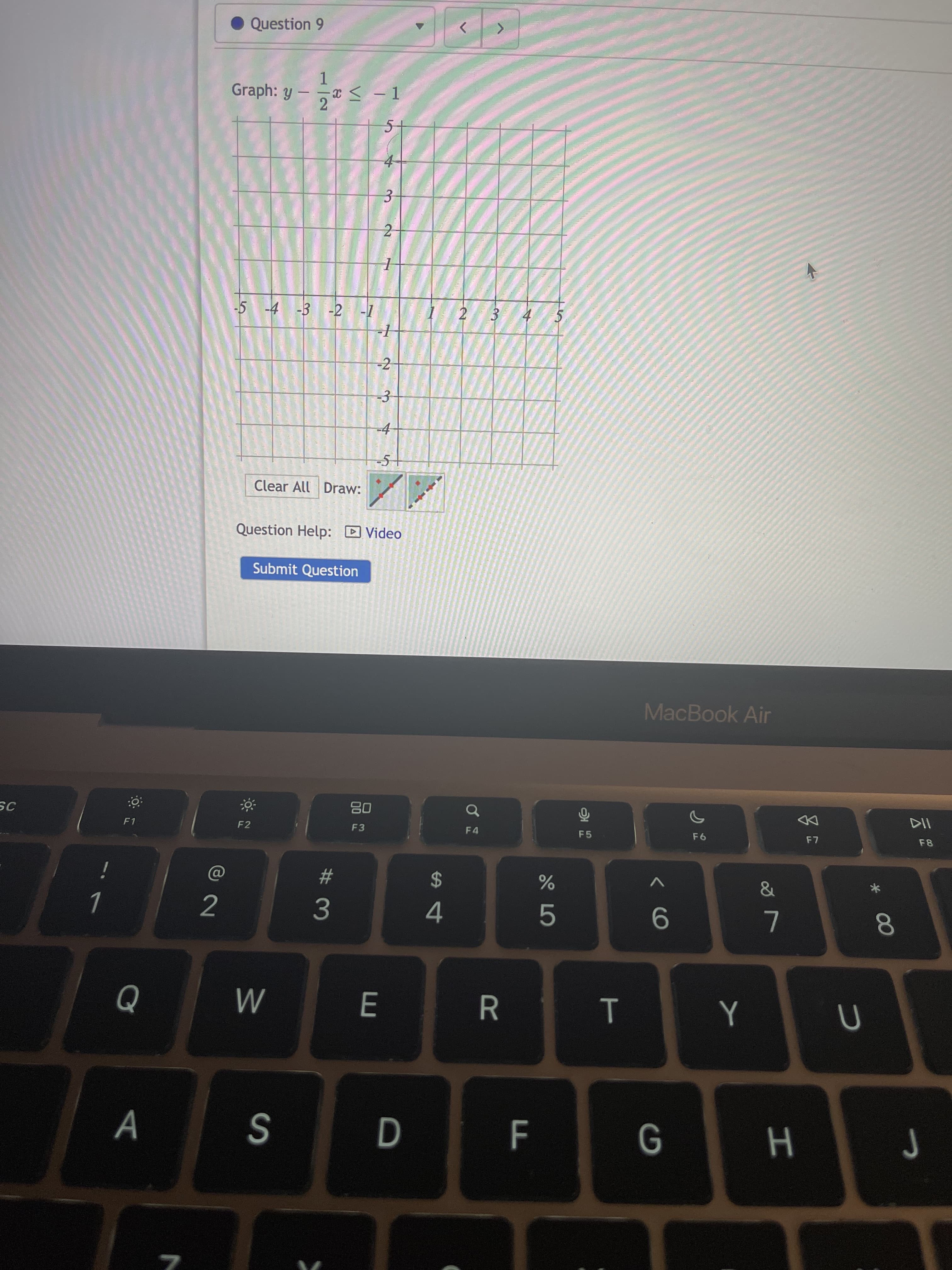 云
* 00
T
R
E
# 3
Question 9
1.
Graph: y - x < - 1
5-
4.
-5 -4 -3 -2 -1
2 3
-2
-4
-5
Clear All Draw:
Question Help: D Video
Submit Question
MacBook Air
08
F3
DD
F1
F2
F4
F5
F8
2$
2
L
5.
H
