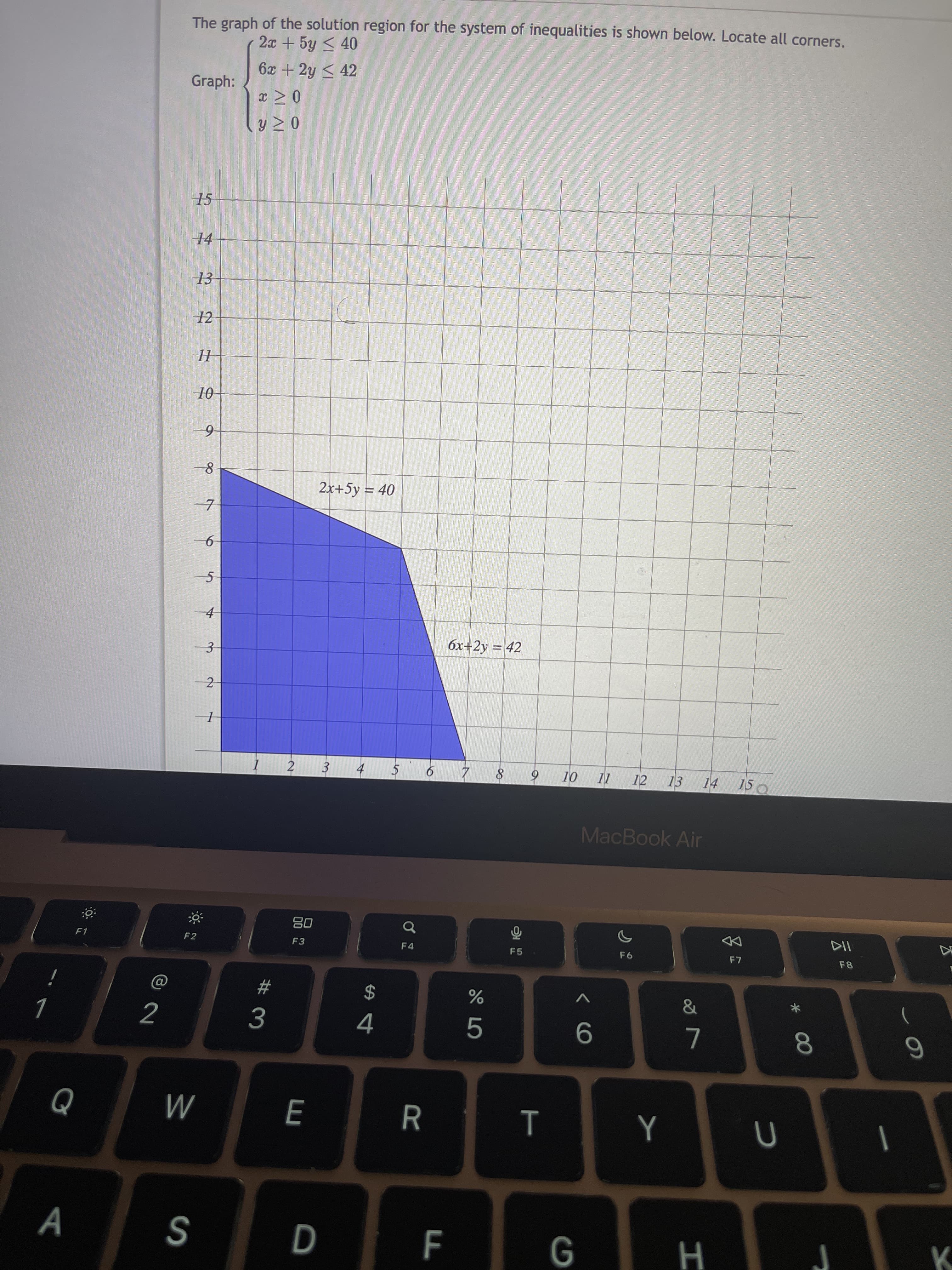 * 00
T
R
%24
%24
E
The graph of the solution region for the system of inequalities is shown below. Locate all corners.
2x + 5y < 40
6x + 2y < 42
Graph:
15
14
12
2x+5y = 40
5
-4
6x+2y = 42
-3
2
2
7
II
12
13
15 o
3.
MacBook Air
08
F3
F1
DD
F2
F4
F5
F8
23
2
4.
5.
9.
6.
M
S
