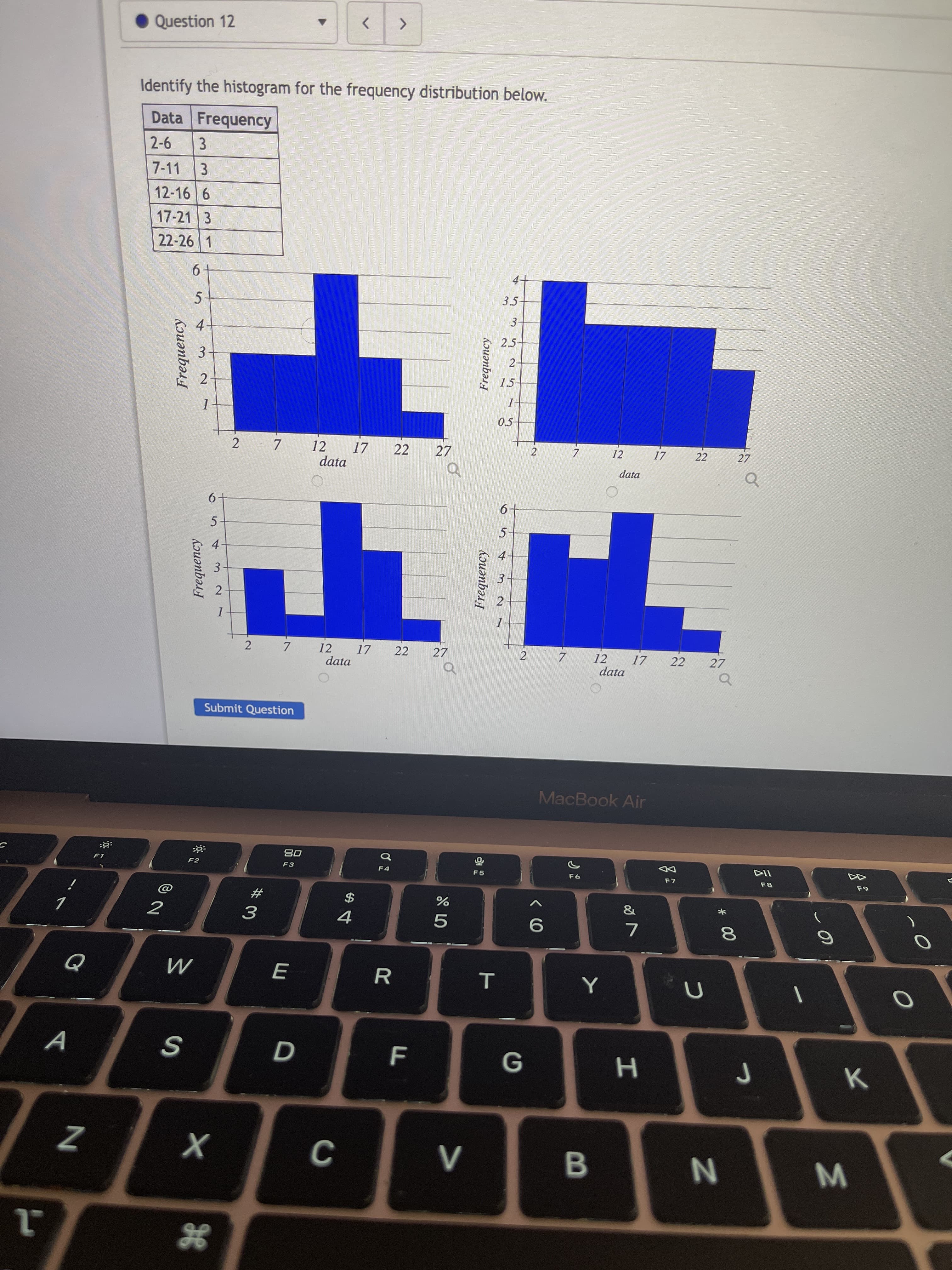 * 00
3.
2.
Frequency
Frequency
LO
3.
2.
6
3.
Aouənbə
Frequency
Question 12
Identify the histogram for the frequency distribution below.
Data Frequency
2-6
3
7-11
3.
12-16 6
17-21 3
22-26 1
6-
4.
5
3.5-
4.
2.5-
1.5-
2 7
12
17
22
27
12
22
27
data
2.
ZI
data
6-
5.
4.
2.
2 7
12 17
data
22
27
12
17
22 27
2.
data
Submit Question
MacBook Air
08
F2
F3
F4
F5
#
$
3.
7.
R
C.

