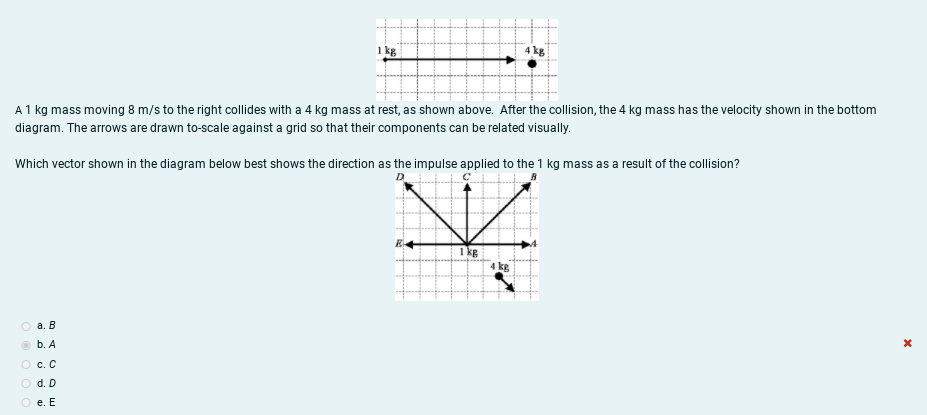 1 kg
4 kg
A1 kg mass moving 8 m/s to the right collides with a 4 kg mass at rest, as shown above. After the collision, the 4 kg mass has the velocity shown in the bottom
diagram. The arrows are drawn to-scale against a grid so that their components can be related visually.
Which vector shown in the diagram below best shows the direction as the impulse applied to the 1 kg mass as a result of the collision?
1 kg
4 kg
а. В
b. А
O c. C
O d. D
O e. E
O O O O
