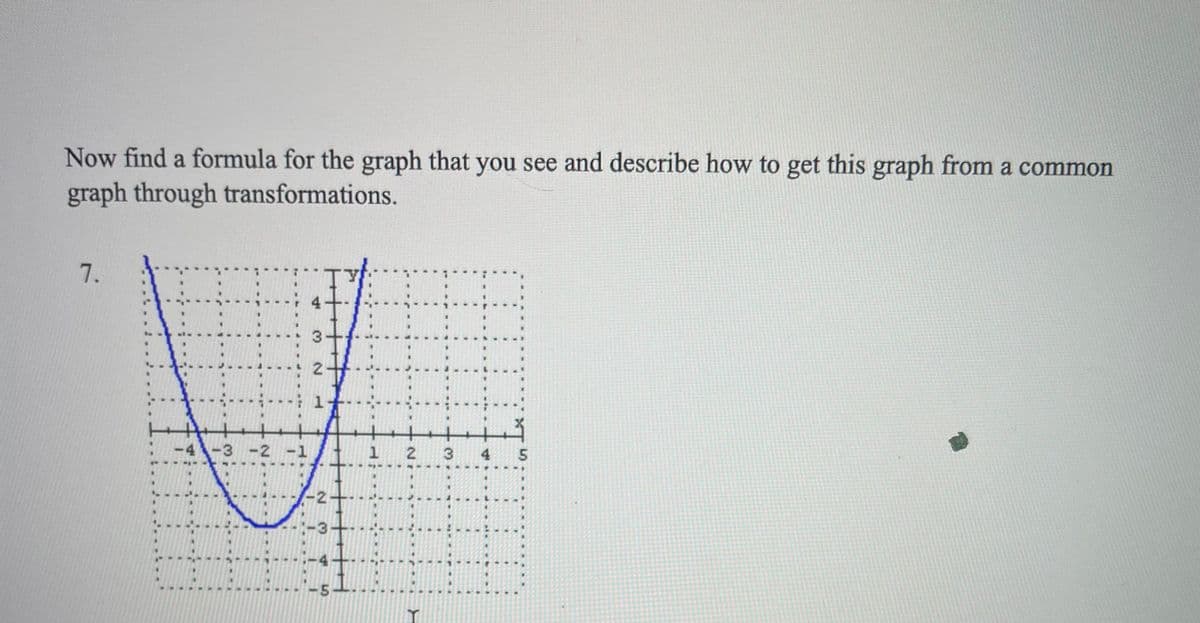 Now find a formula for the graph that you see and describe how to get this graph from a common
graph through transformations.
7.
3
1
-3-2
-1
1.
2
4
3
-5-
2.
