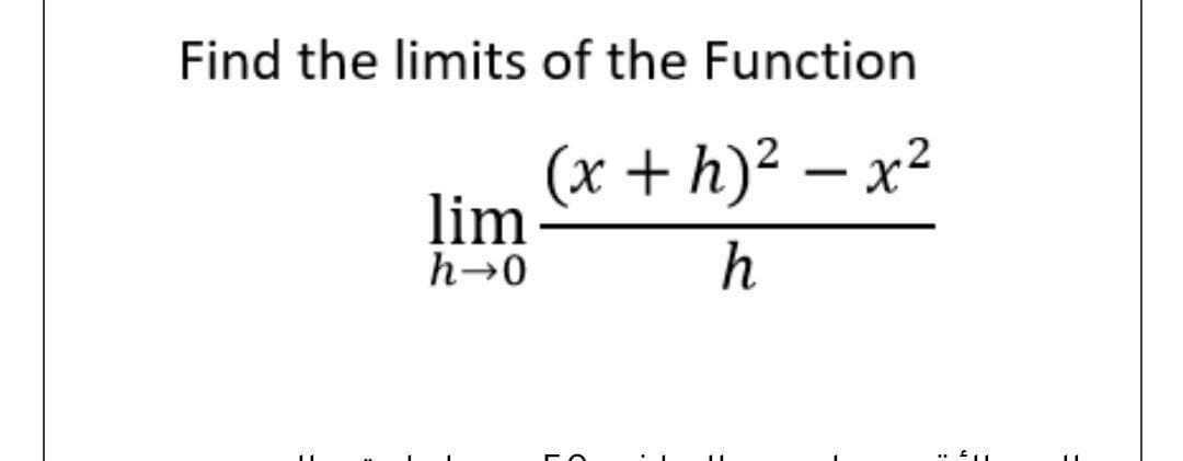 Find the limits of the Function
(x + h)² – x²
lim
h→0
h
