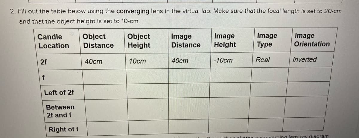 2. Fill out the table below using the converging lens in the virtual lab. Make sure that the focal length is set to 20-cm
and that the object height is set to 10-cm.
Image
Туре
Image
Object
Height
Image
Height
Candle
Object
Image
Location
Distance
Distance
Orientation
2f
40ст
10cm
40ст
-10cm
Real
Inverted
f
Left of 2f
Between
2f and f
Right of f
converaing lens ray diagram
