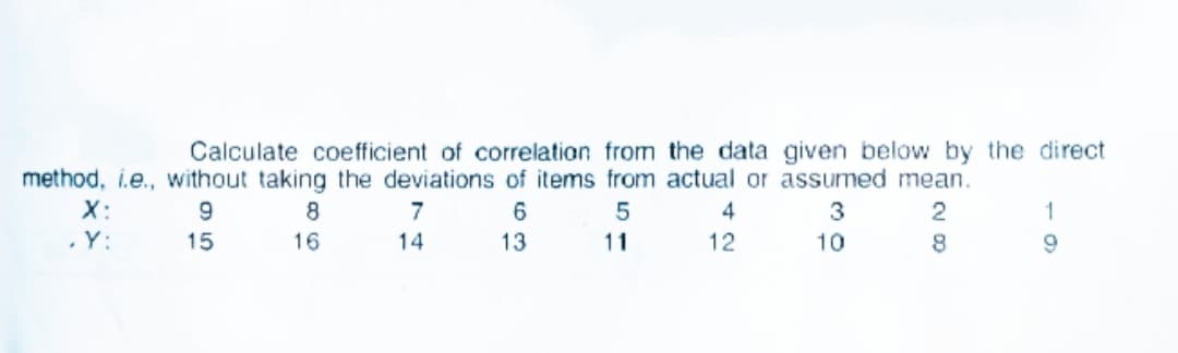 Calculate coefficient of correlation from the data given below by the direct
method, i.e., without taking the deviations of items from actual or assumed mean.
X:
8
7
4
3
2
.Y:
15
16
14
13
11
12
10
8.
9.
