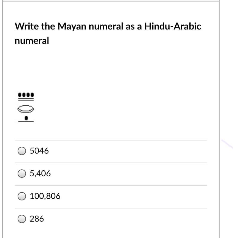 Write the Mayan numeral as a Hindu-Arabic
numeral
5046
5,406
100,806
286
