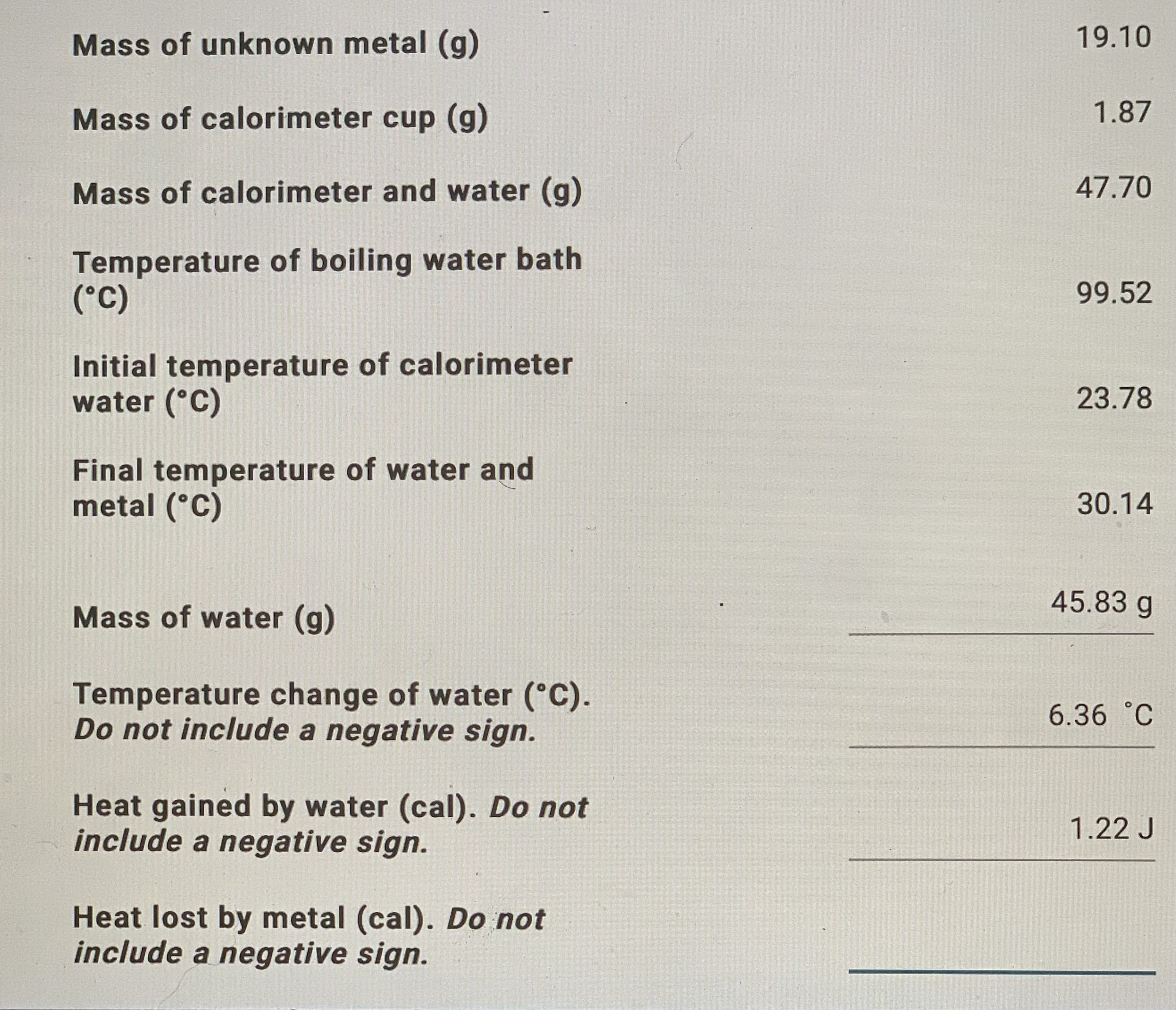 Mass of unknown metal (g)
Mass of calorimeter cup (g)
Mass of calorimeter and water (g)
Temperature of boiling water bath
(°C)
