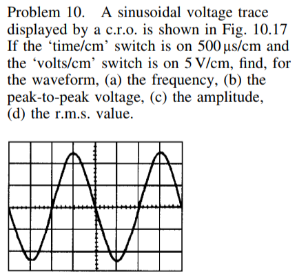 Problem 10. A sinusoidal voltage trace
displayed by a c.r.o. is shown in Fig. 10.17
If the 'time/cm' switch is on 500 µs/cm and
the 'volts/cm' switch is on 5 V/cm, find, for
the waveform, (a) the frequency, (b) the
peak-to-peak voltage, (c) the amplitude,
(d) the r.m.s. value.
