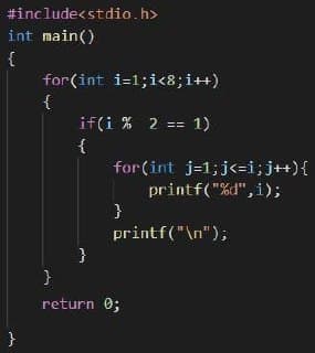 #include<stdio.h>
int main()
{
for(int i=1;i<8;i++)
{
if(i % 2 == 1)
{
for (int j=1;j<=i;j++){
printf("%d",i);
}
printf("\n");
}
}
return 0;
