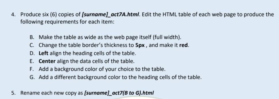 4. Produce six (6) copies of [surname]_act7A.html. Edit the HTML table of each web page to produce the
following requirements for each item:
B. Make the table as wide as the web page itself (full width).
C. Change the table border's thickness to 5px , and make it red.
D. Left align the heading cells of the table.
E. Center align the data cells of the table.
F. Add a background color of your choice to the table.
G. Add a different background color to the heading cells of the table.
5. Rename each new copy as [surname]_act7(B to G).html
