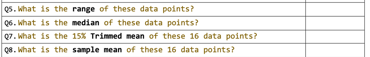 Q5. What is the range of these data points?
Q6.
S. What is the median of these data points?
Q7. What is the 15% Trimmed mean of these 16 data points?
Q8. What is the sample mean of these 16 data points?
