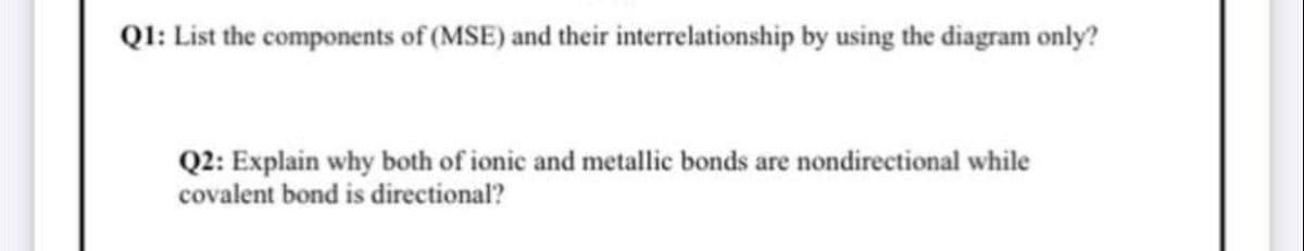 Q1: List the components of (MSE) and their interrelationship by using the diagram only?
Q2: Explain why both of ionic and metallic bonds are nondirectional while
covalent bond is directional?
