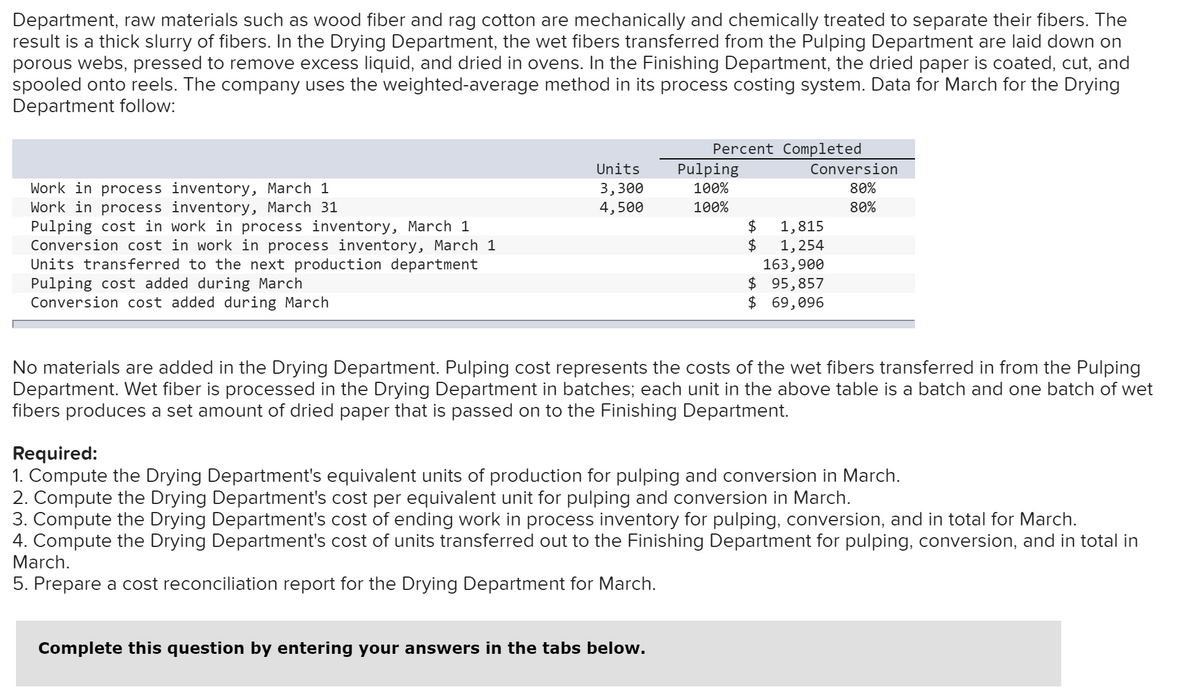Department, raw materials such as wood fiber and rag cotton are mechanically and chemically treated to separate their fibers. The
result is a thick slurry of fibers.
porous webs, pressed to remove excess liquid, and dried in ovens. In the Finishing Department, the dried paper is coated, cut, and
spooled onto reels. The company uses the weighted-average method in its process costing system. Data for March for the Drying
Department follow:
the Drying Department, the wet fibers transferred from the Pulping Department are laid down on
Percent Completed
Pulping
Units
Conversion
Work in process inventory, March 1
Work in process inventory, March 31
Pulping cost in work in process inventory, March 1
Conversion cost in work in process inventory, March 1
Units transferred to the next production department
Pulping cost added during March
Conversion cost added during March
3,300
4,500
100%
80%
100%
80%
$
1,815
$
1,254
163,900
$ 95,857
$ 69,096
No materials are added in the Drying Department. Pulping cost represents the costs of the wet fibers transferred in from the Pulping
Department. Wet fiber is processed in the Drying Department in batches; each unit in the above table is a batch and one batch of wet
fibers produces a set amount of dried paper that is passed on to the Finishing Department.
Required:
1. Compute the Drying Department's equivalent units of production for pulping and conversion in March.
2. Compute the Drying Department's cost per equivalent unit for pulping and conversion in March.
3. Compute the Drying Department's cost of ending work in process inventory for pulping, conversion, and in total for March.
4. Compute the Drying Department's cost of units transferred out to the Finishing Department for pulping, conversion, and in total in
March.
5. Prepare a cost reconciliation report for the Drying Department for March.
Complete this question by entering your answers in the tabs below.
