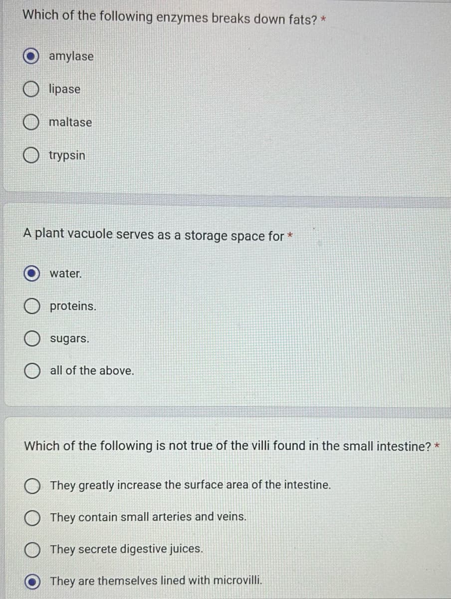 Which of the following enzymes breaks down fats? *
amylase
lipase
maltase
trypsin
A plant vacuole serves as a storage space for *
water.
proteins.
sugars.
all of the above.
Which of the following is not true of the villi found in the small intestine? *
They greatly increase the surface area of the intestine.
They contain small arteries and veins.
They secrete digestive juices.
They are themselves lined with microvilli.