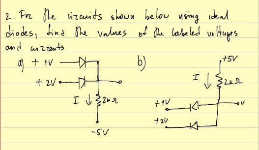 2. Fre he üzeits shown below usimg idend
diodes, tind the Values of the labeled vo Hages
and anz tents
+5V
al + 1V
-
+ 2V
+1V
本
-5V
