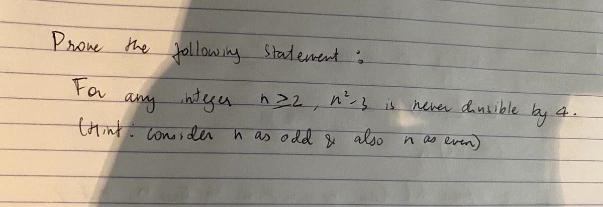 Prove the tollowing Stadement .
Fa
any
amy htyu h22, n3 is hever dinible by a
thint comesder h as odd & also n
as even)
