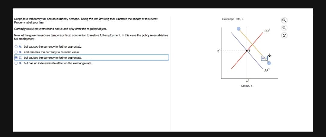 Suppose a temporary fall occurs in money demand. Using the line drawing tool, illustrate the impact of this event.
Properly label your line.
Exchange Rate, E
Carefully follow the instructions above and only draw the required object.
DD"
Now let the govemment use temporary fiscal contraction to restore full employment. In this case the policy re-establishes
full employment
O A. but causes the currency to further appreciate.
O B. and restores the currency to its initial value.
O C. but causes the currency to further depreciate.
O D. but has an indeterminate effect on the exchange rate.
Output, Y
