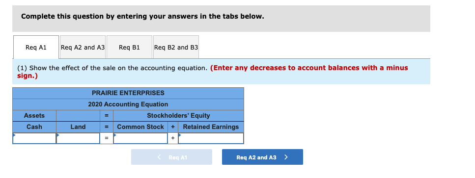 Complete this question by entering your answers in the tabs below.
Reg A1
Reg A2 and A3
Reg B1
Req B2 and B3
(1) Show the effect of the sale on the accounting equation. (Enter any decreases to account balances with a minus
sign.)
PRAIRIE ENTERPRISES
2020 Accounting Equation
Stockholders' Equity
Retained Earnings
Assets
Cash
Land
Common Stock
Reg A1
Req A2 and A3
