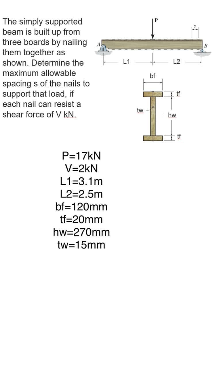 The simply supported
beam is built up from
three boards by nailing
them together as
A,
В
shown. Determine the
L1
L2
maximum allowable
bf
spacing s of the nails to
support that load, if
each nail can resist a
tf
tw
shear force of V kN.
hw
tf
P=17KN
V=2kN
L1=3.1m
L2=2.5m
bf=120mm
tf=20mm
hw=270mm
tw=15mm
