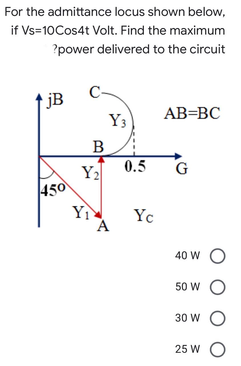 For the admittance locus shown below,
if Vs=10Cos4t Volt. Find the maximum
?power delivered to the circuit
