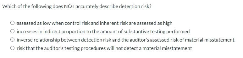 Which of the following does NOT accurately describe detection risk?
O assessed as low when control risk and inherent risk are assessed as high
O increases in indirect proportion to the amount of substantive testing performed
O inverse relationship between detection risk and the auditor's assessed risk of material misstatement
O risk that the auditor's testing procedures will not detect a material misstatement
