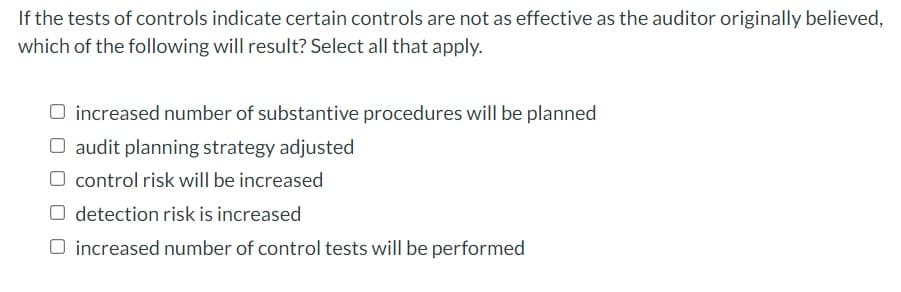 If the tests of controls indicate certain controls are not as effective as the auditor originally believed,
which of the following will result? Select all that apply.
O increased number of substantive procedures will be planned
O audit planning strategy adjusted
O control risk will be increased
O detection risk is increased
O increased number of control tests will be performed
