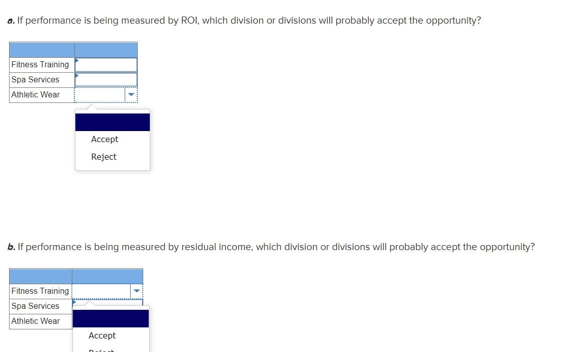 a. If performance is being measured by ROI, which division or divisions will probably accept the opportunity?
Fitness Training
Spa Services
Athletic Wear
Аcсept
Reject
b. If performance is being measured by residual income, which division or divisions will probably accept the opportunity?
Fitness Training
Spa Services
Athletic Wear
Ассept
