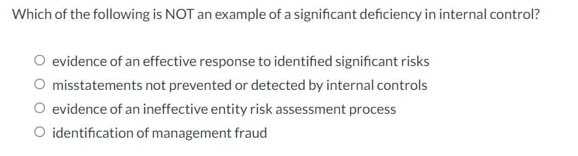 Which of the following is NOT an example of a significant deficiency in internal control?
O evidence of an effective response to identified significant risks
O misstatements not prevented or detected by internal controls
O evidence of an ineffective entity risk assessment process
O identification of management fraud
