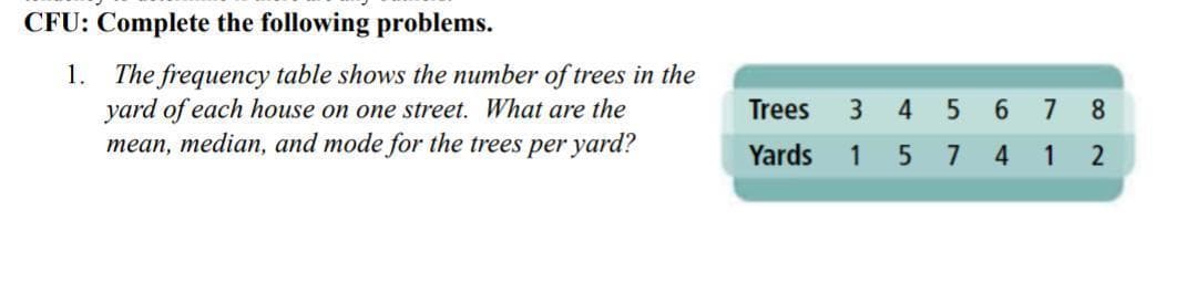 CFU: Complete the following problems.
1. The frequency table shows the number of trees in the
yard of each house on one street. What are the
mean, median, and mode for the trees per yard?
Trees
3
4
6
7
8.
Yards
1
7
4.
1
2
