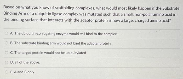 Based on what you know of scaffolding complexes, what would most likely happen if the Substrate
Binding Arm of a ubiquitin ligase complex was mutated such that a small, non-polar amino acid in
the binding surface that interacts with the adaptor protein is now a large, charged amino acid?
A. The ubiquitin-conjugating enzyme would still bind to the complex.
B. The substrate binding arm would not bind the adapter protein.
C. The target protein would not be ubiquitylated
D. all of the above.
O E. A and B only
