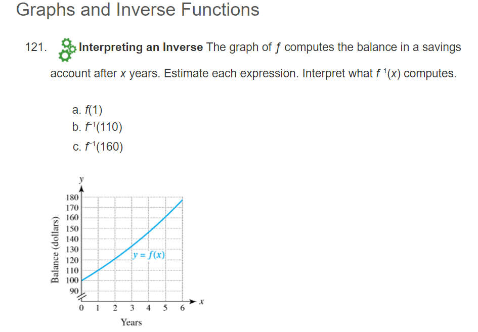 Graphs and Inverse Functions
121. Interpreting an Inverse The graph of f computes the balance in a savings
account after x years. Estimate each expression. Interpret what f¹(x) computes.
a. f(1)
b. f¹(110)
c. f¹(160)
Balance (dollars)
180
170
160
150
140
130
120
110
100
90
01
2
y = f(x)
3
Years
5
6
X