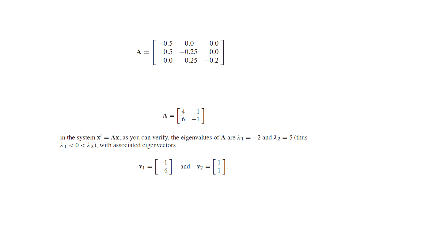 -0.5
0.0
0.0
A =
0.5 -0.25
0.0
0.0
0.25
-0.2
in the system x' = Ax; as you can verify, the eigenvalues of A are 11 = -2 and 12 = 5 (thus
21 < 0 < 12), with associated eigenvectors
and
V2 =
